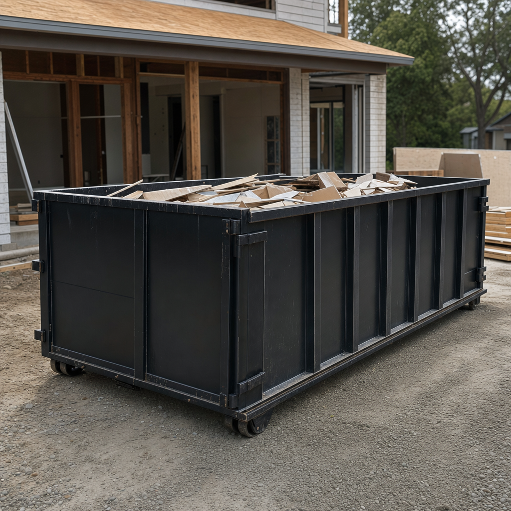 Large matte-black 30-yard construction roll-off dumpster at an active Eagle jobsite, steel-gray top rails and bottom rollers visible, loaded with construction debris.