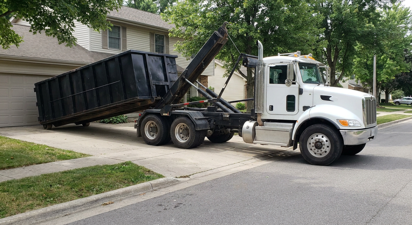 White-cab hooklift roll-off truck actively lowering a matte-black dumpster onto a Eagle residential concrete driveway, the dumpster's rear wheels touching the driveway as the hoist arm tilts the bed forward, mid-morning daylight.