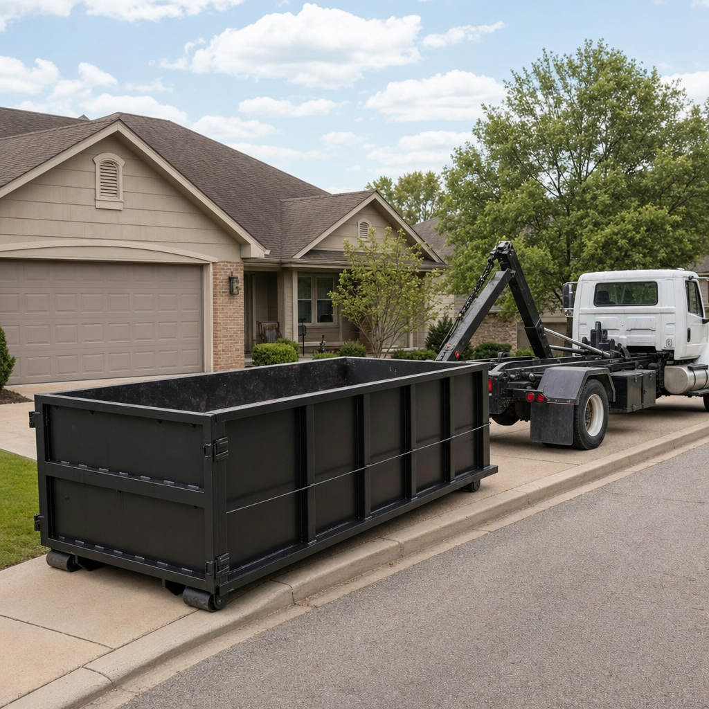 Wide documentary shot of a matte-black roll-off dumpster on a Eagle residential driveway in the foreground and a contractor jobsite container in the soft-focus background, bright daylight, calm and orderly composition.